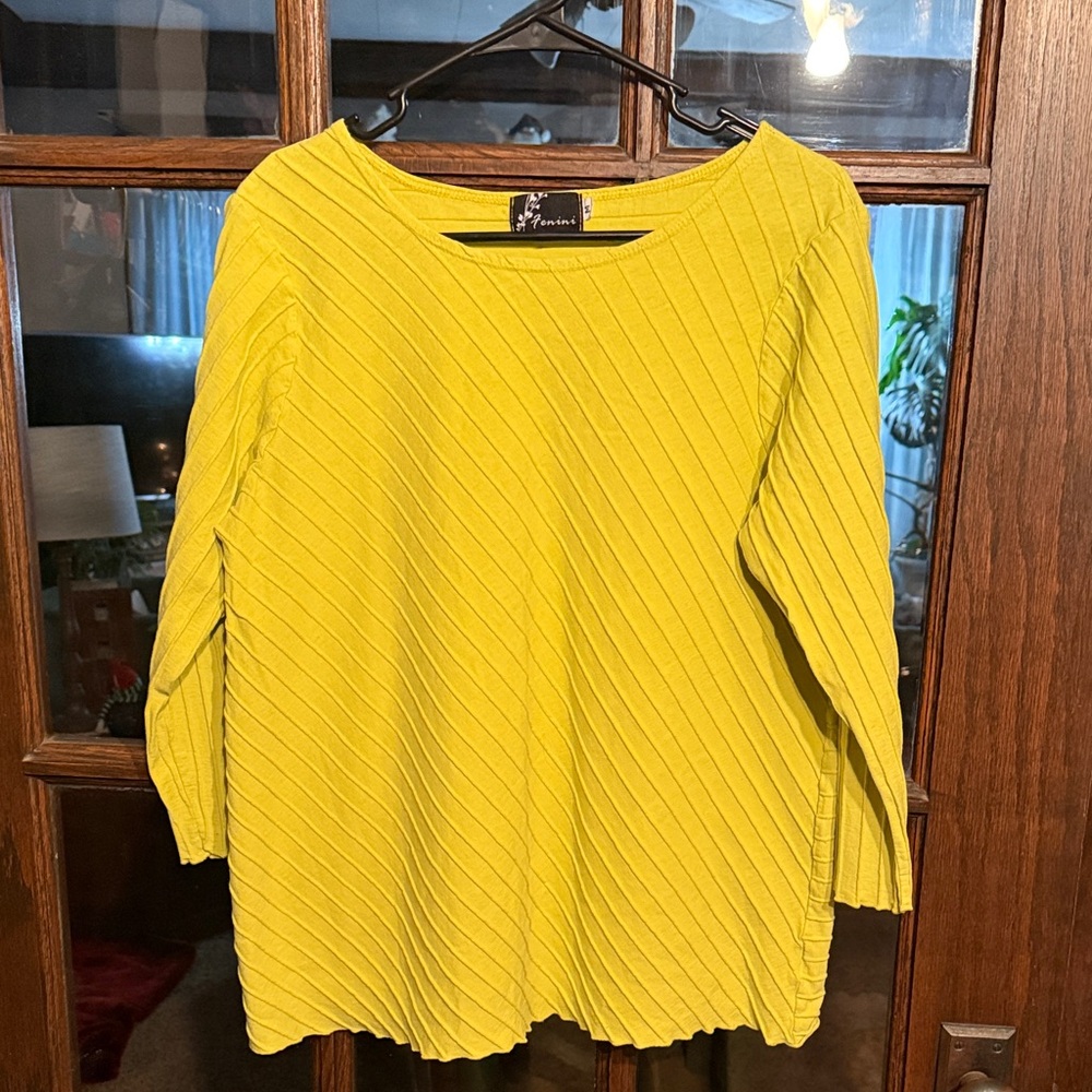 Fenini Womens Chartreuse Yellow Diagonal Pleated Textured Top Art to Wear Size M